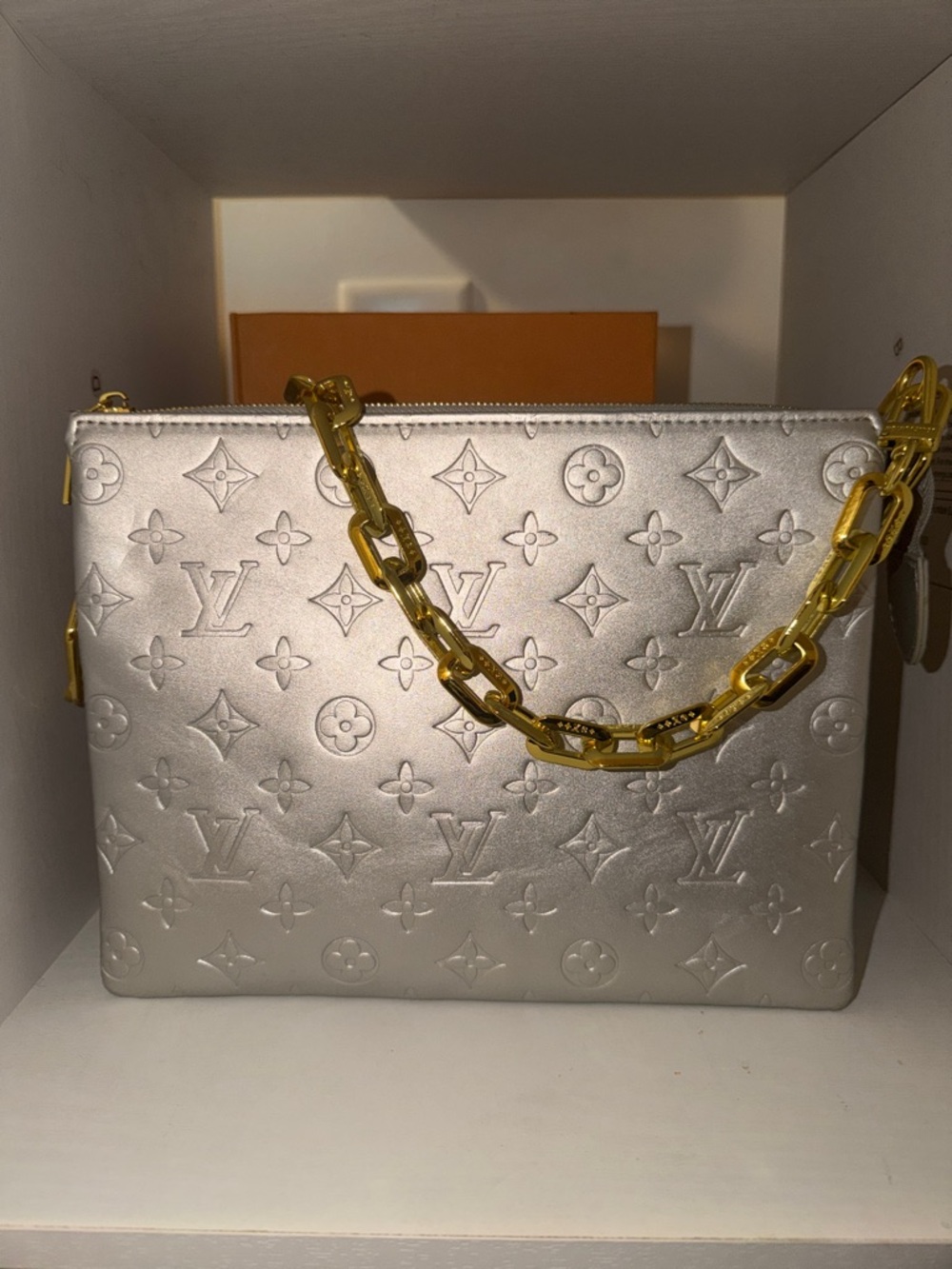 Silver Monogram Shoulder Bag with Gold Chain and crossbody strap